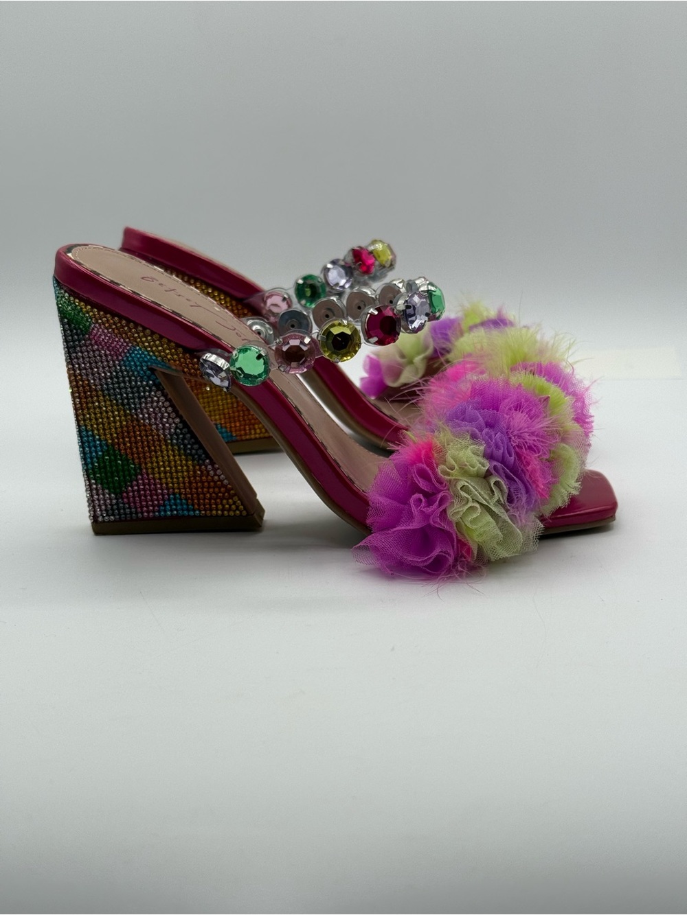 Betsey Johnson Attica Rhinestone Pink Embellished Sandals Pom Pom Statement Mule - Picture 4 of 17
